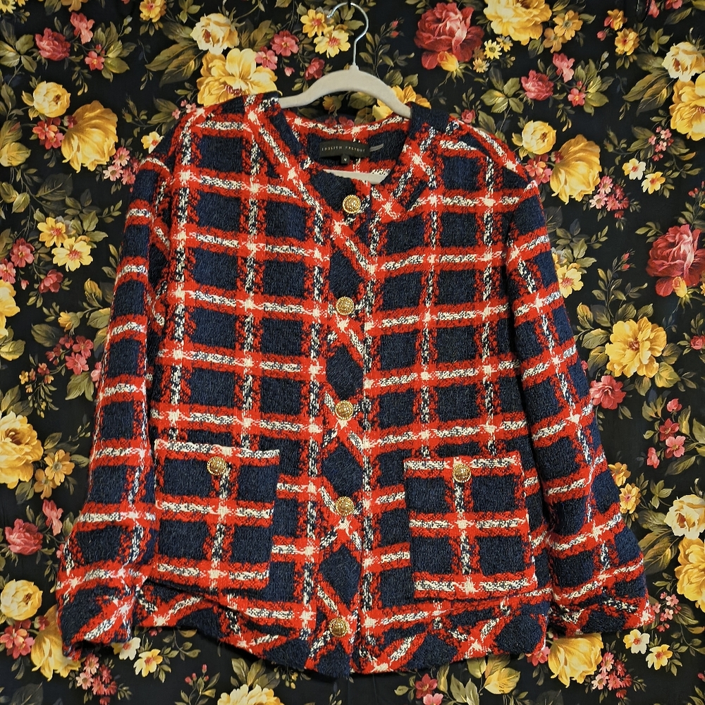 English Factory Plaid Boucle Jacket In Navy